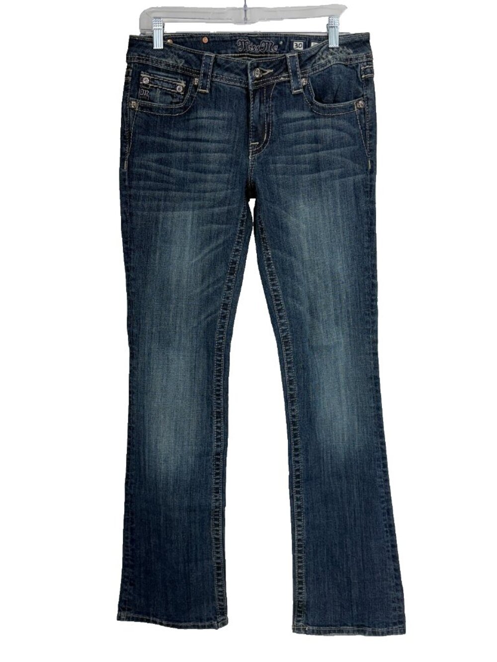 Miss Me Women 30 Bootcut Jeans Blue Dark Wash Bling Back Flap Pockets Whiskers